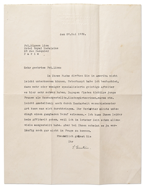 Albert Einstein Letter Signed from 1938 Regarding a Jewish Woman Immigrating to the United States from Europe -- With PSA/DNA COA