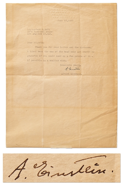 Albert Einstein Letter Signed to Photographer Sanford Roth -- ''...I liked best the one of the head only...''