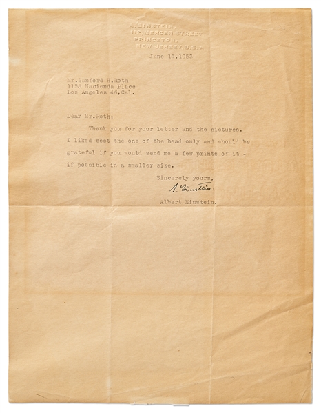 Albert Einstein Letter Signed to Photographer Sanford Roth -- ''...I liked best the one of the head only...''