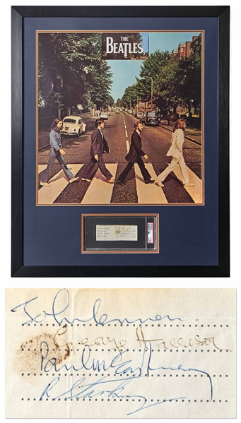 The Beatles Signed Contract -- Signatures Framed with Original Abbey Road Record Store Stand -- With PSA/DNA COA