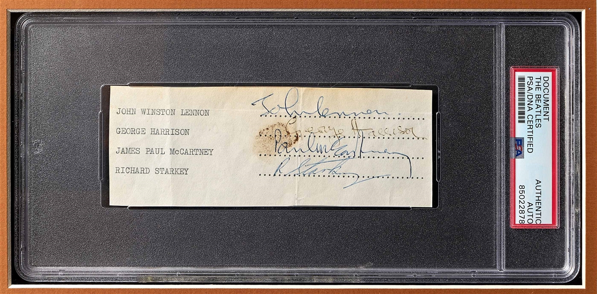 The Beatles Signed Contract -- Signatures Framed with Original Abbey Road Record Store Stand -- With PSA/DNA COA