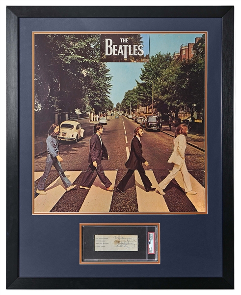 The Beatles Signed Contract -- Signatures Framed with Original Abbey Road Record Store Stand -- With PSA/DNA COA