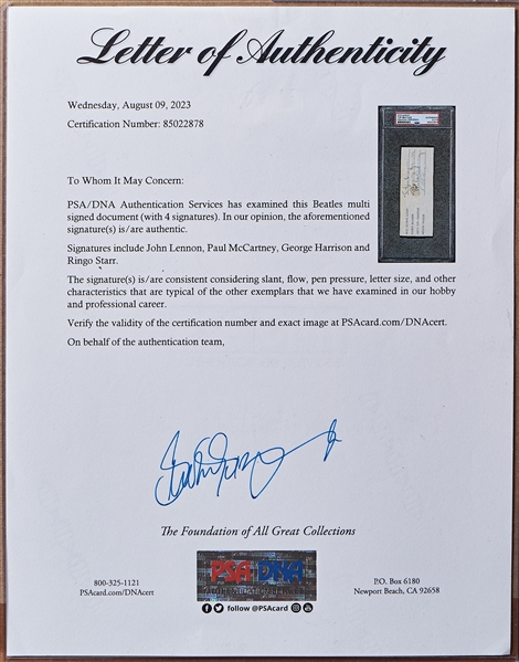 The Beatles Signed Contract -- Signatures Framed with Original Abbey Road Record Store Stand -- With PSA/DNA COA