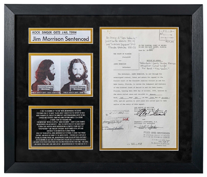 Jim Morrison Notarized Legal Document from 1970 Regarding His Arrest for Profanity and Lewd Conduct -- Signed by Morrison's Lawyers, Document Appeals Morrison's Guilty Verdict