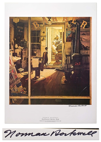 Norman Rockwell Signed Lithograph of His Famous Painting ''Shuffleton's Barber Shop'' -- Measures 19'' x 25''