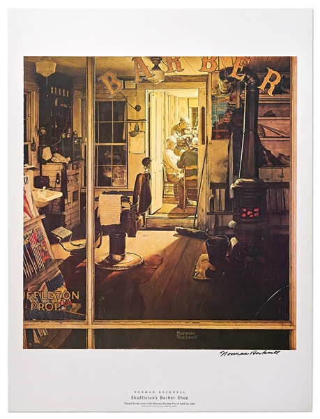 Norman Rockwell Signed Lithograph of His Famous Painting ''Shuffleton's Barber Shop'' -- Measures 19'' x 25''