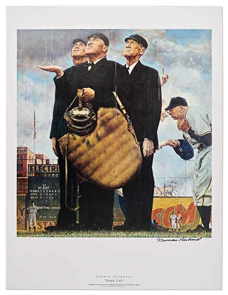 Norman Rockwell Signed Lithograph of His Famous Painting ''Tough Call'' -- Measures 19'' x 25''