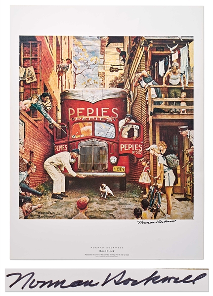 Norman Rockwell Signed Lithograph of His Famous Painting ''Roadblock'' -- Measures 19'' x 25''