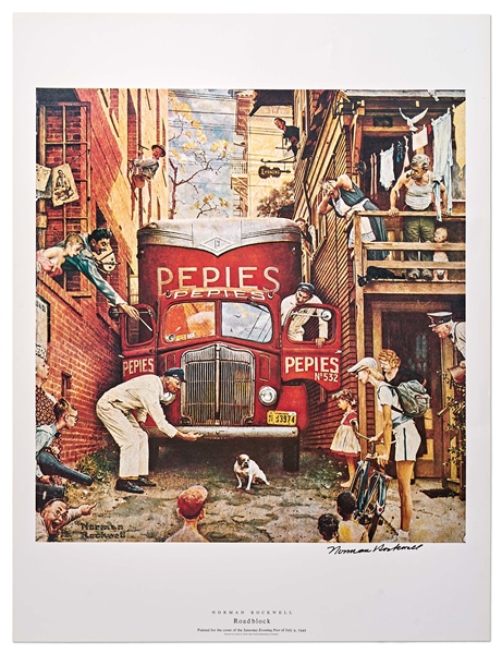 Norman Rockwell Signed Lithograph of His Famous Painting ''Roadblock'' -- Measures 19'' x 25''