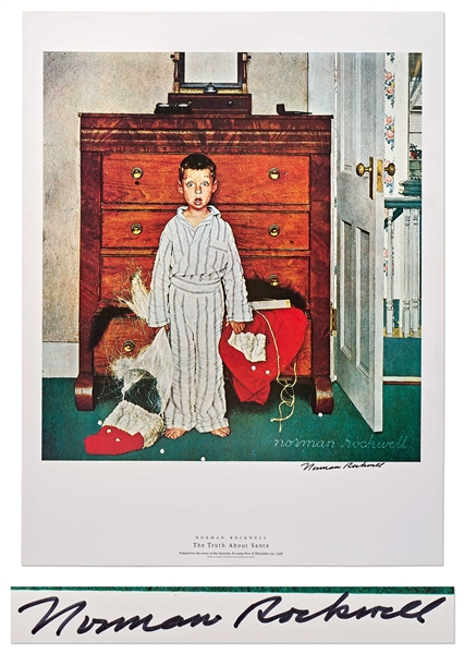 Norman Rockwell Signed Lithograph of His Famous Painting ''The Truth About Santa'' -- Measures 19'' x 25''