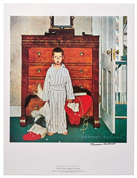 Norman Rockwell Signed Lithograph of His Famous Painting ''The Truth About Santa'' -- Measures 19'' x 25''