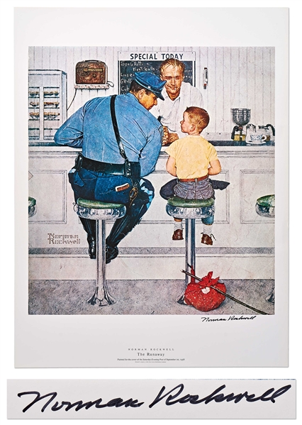 Norman Rockwell Signed Lithograph of His Famous Painting ''The Runaway'' -- Measures 19'' x 25''