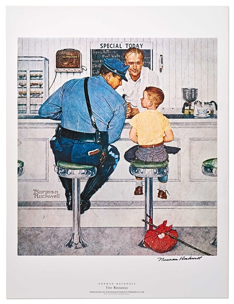 Norman Rockwell Signed Lithograph of His Famous Painting ''The Runaway'' -- Measures 19'' x 25''