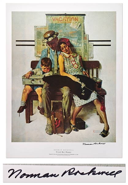 Norman Rockwell Signed Lithograph of His Famous Painting ''Tired But Happy'' -- Measures 19'' x 25''