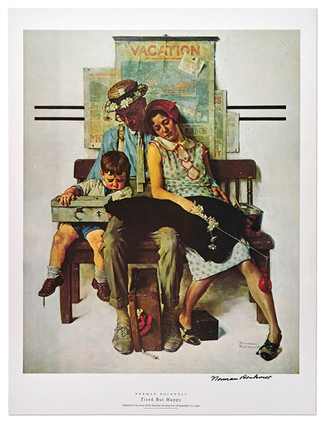 Norman Rockwell Signed Lithograph of His Famous Painting ''Tired But Happy'' -- Measures 19'' x 25''