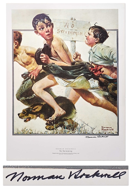 Norman Rockwell Signed Lithograph of His Famous Painting ''No Swimming'' -- Measures 19'' x 25''