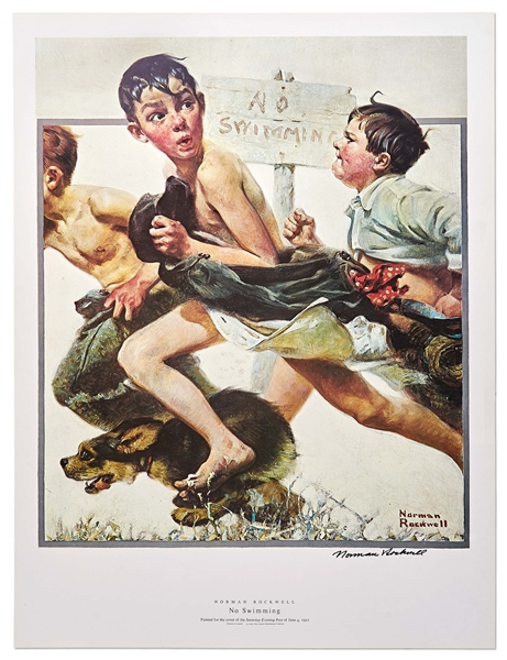 Norman Rockwell Signed Lithograph of His Famous Painting ''No Swimming'' -- Measures 19'' x 25''