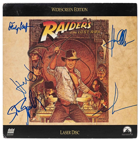 ''Raiders of the Lost Ark'' Cast, Director & Creator Signed Laser Disc Cover -- Signed by Harrison Ford, Steven Spielberg, George Lucas, Karen Allen and Philip Kaufman -- With Beckett COA