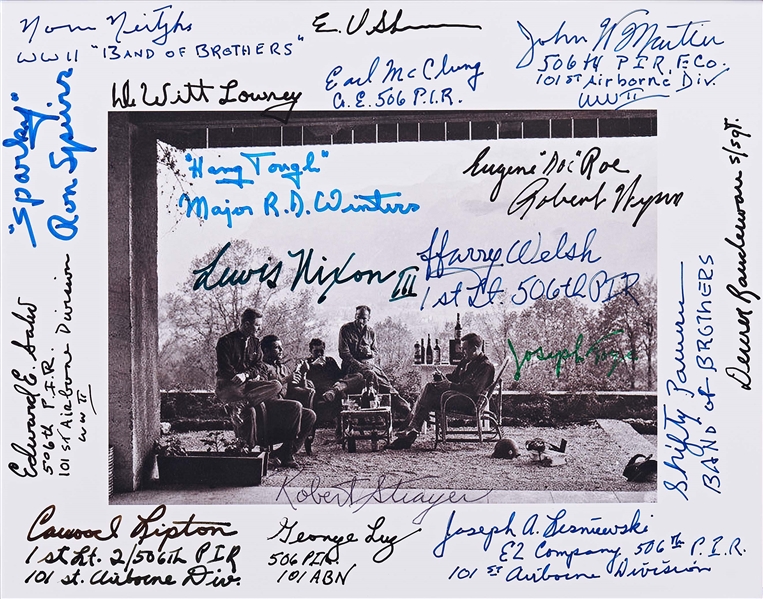 Band of Brothers 11'' x 8.5'' Photo Signed by 18 Soldiers Including Company Commander Dick Winters, Who Writes His Motto ''Hang Tough'' -- Taken at Hitler's Home in the Bavarian Alps in May 1945