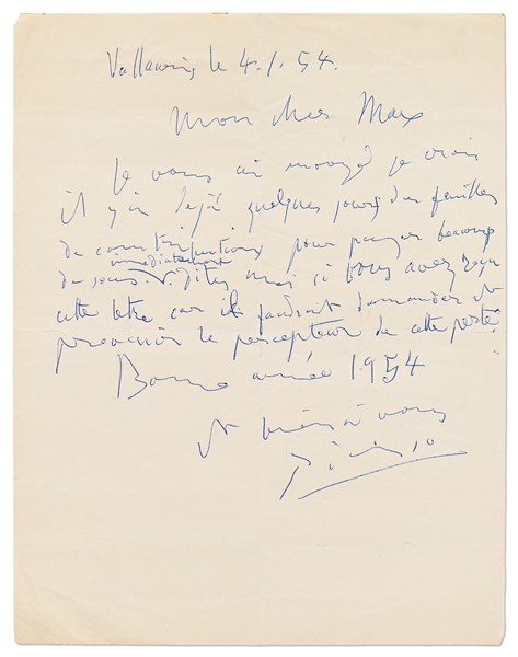 Pablo Picasso Autograph Letter Signed from 1954 -- With Prominent Picasso Signature