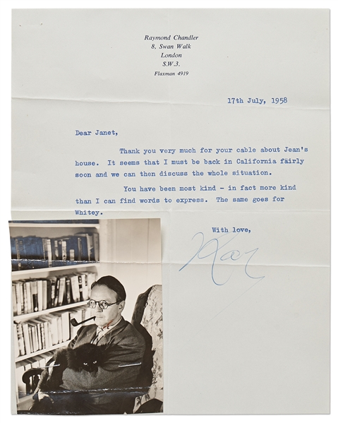 Raymond Chandler Lot of 5 Signed Letters -- Full of Drama Regarding His Relationships with Helga Greene (His Literary Agent & Love Interest) and His Secretary Jean Fracasse