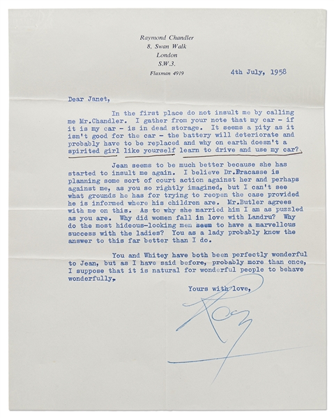 Raymond Chandler Lot of 5 Signed Letters -- Full of Drama Regarding His Relationships with Helga Greene (His Literary Agent & Love Interest) and His Secretary Jean Fracasse