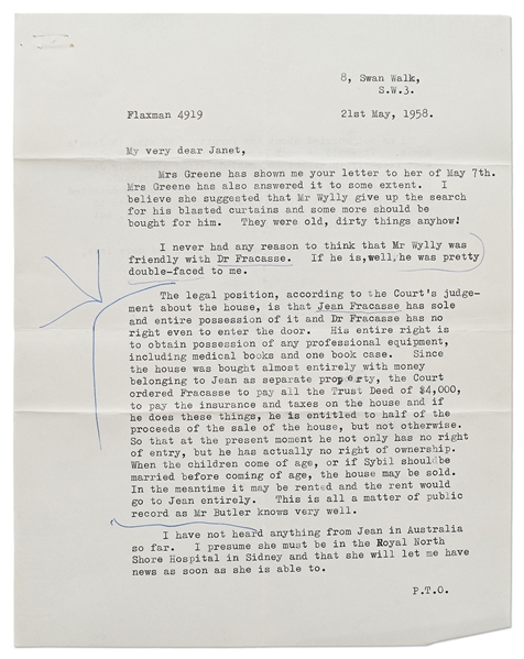 Raymond Chandler Lot of 5 Signed Letters -- Full of Drama Regarding His Relationships with Helga Greene (His Literary Agent & Love Interest) and His Secretary Jean Fracasse