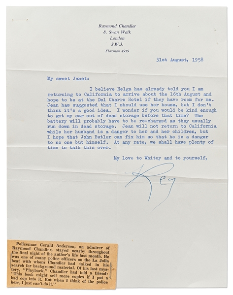 Raymond Chandler Lot of 5 Signed Letters -- Full of Drama Regarding His Relationships with Helga Greene (His Literary Agent & Love Interest) and His Secretary Jean Fracasse