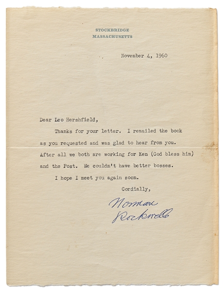 Norman Rockwell Letter Signed  -- ''...We couldn't have better bosses...''