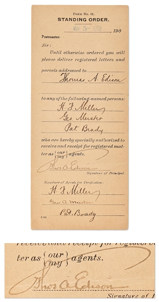 Thomas Edison Signed Form Authorizing Who Could Receive Mail on His Behalf