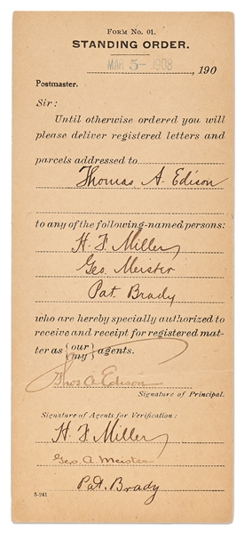 Thomas Edison Signed Form Authorizing Who Could Receive Mail on His Behalf