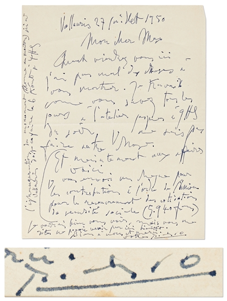 Pablo Picasso Autograph Letter Signed from 1950 Mentioning His Famous Artwork -- ''...The inauguration of the monument (L'homme au Mouton) here in Vallauris is meant to take place on 6th August...''