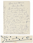 Pablo Picasso Autograph Letter Signed from 1950 Mentioning His Famous Artwork -- ...The inauguration of the monument (Lhomme au Mouton) here in Vallauris is meant to take place on 6th August...