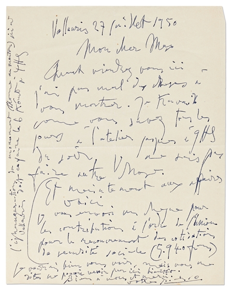 Pablo Picasso Autograph Letter Signed from 1950 Mentioning His Famous Artwork -- ''...The inauguration of the monument (L'homme au Mouton) here in Vallauris is meant to take place on 6th August...''