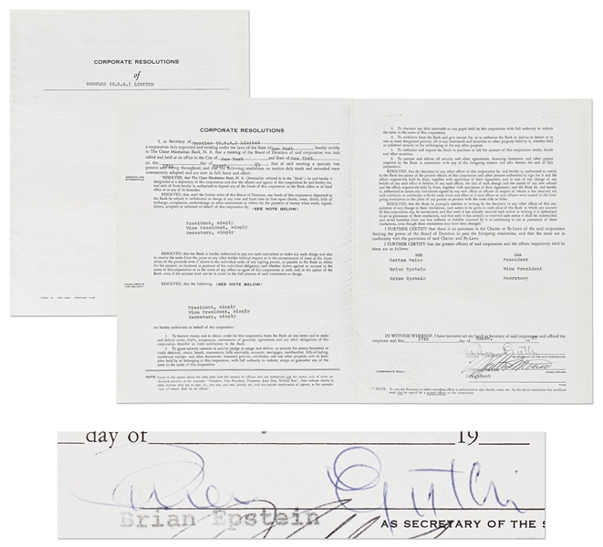 Brian Epstein Signed Corporate Resolutions for the Beatles (U.S.A.) Limited -- With Beatles' Embossed Corporate Seal, 1967 Document Replaces the Hofers with Nathan Weiss