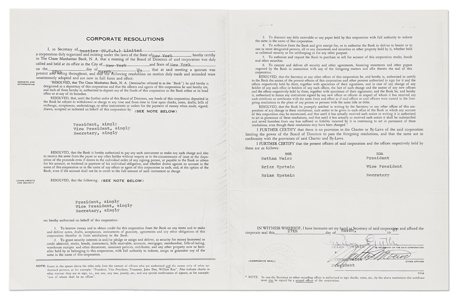 Brian Epstein Signed Corporate Resolutions for the Beatles (U.S.A.) Limited -- With Beatles' Embossed Corporate Seal, 1967 Document Replaces the Hofers with Nathan Weiss