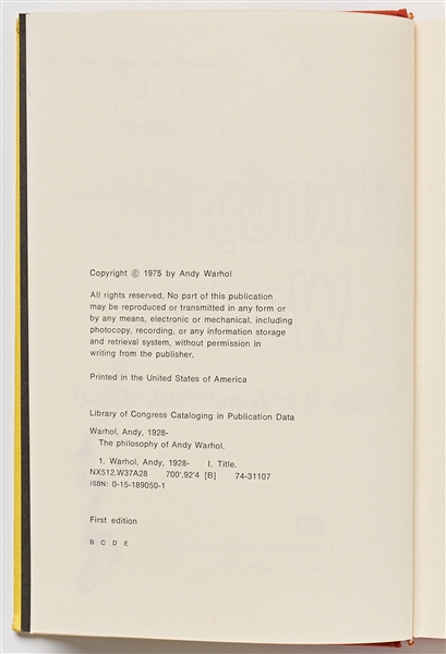 Andy Warhol Signed First Edition of ''The Philosophy of Andy Warhol''