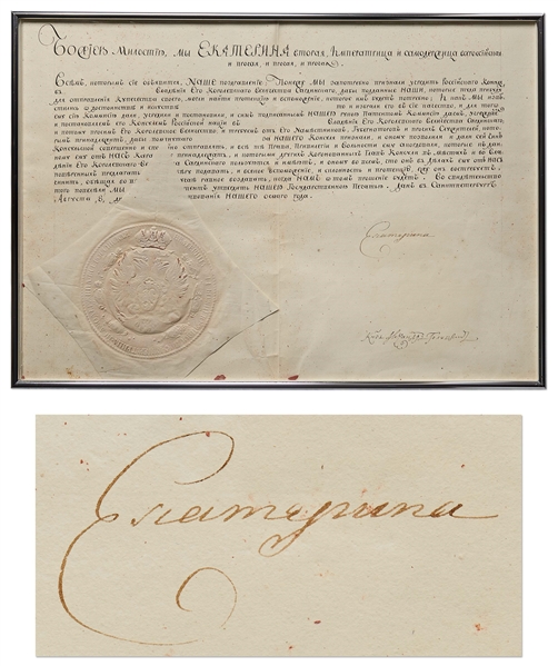 Catherine the Great Document Signed -- The Russian Empress Signs a Diplomatic Letter Introducing a Russian Ambassador