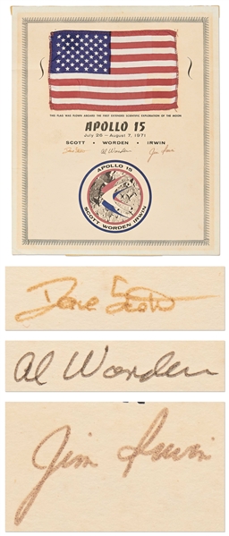 Apollo 15 Space Flown United States Flag, on NASA Certificate Signed by the Entire Crew