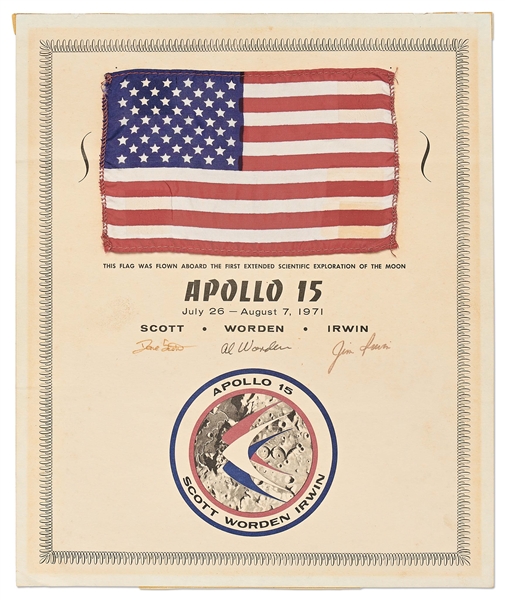 Apollo 15 Space Flown United States Flag, on NASA Certificate Signed by the Entire Crew