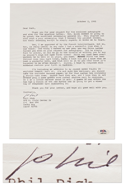 Philip K. Dick Letter Signed with Fantastic ''Blade Runner'' Content: ''...Yes, BLADE RUNNER is going to be great; the excellent screenplay assures it...'' -- With PSA/DNA COA