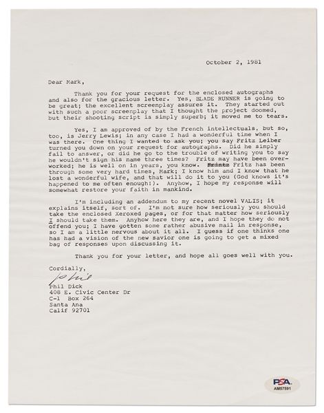 Philip K. Dick Letter Signed with Fantastic ''Blade Runner'' Content: ''...Yes, BLADE RUNNER is going to be great; the excellent screenplay assures it...'' -- With PSA/DNA COA