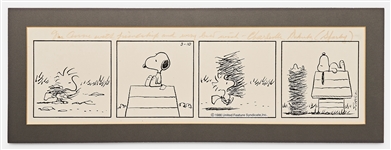 Original Charles Schulz Hand-Drawn Peanuts Comic Strip -- Woodstock Builds a Tall Nest to Sleep Next to Snoopy