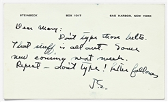 John Steinbeck Autograph Postcard Signed ''J.S.'' -- Steinbeck Tells His Typist to Ignore Manuscript Pages He Sent Her: ''That stuff is all out''