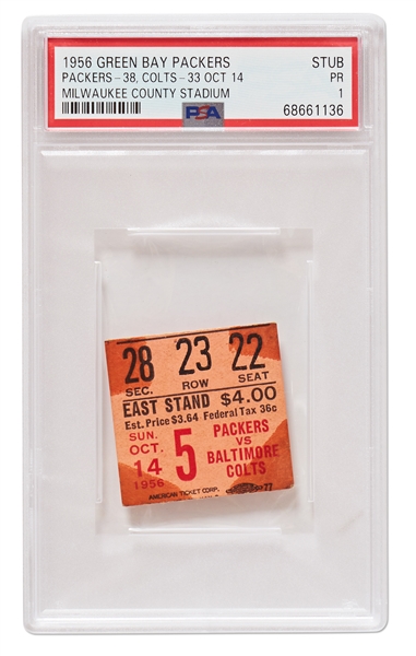 Baltimore Colts Ticket from 1956, the 3rd Game of Johnny Unitas First NFL Season -- Encapsulated by PSA
