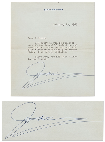 Joan Crawford Typed Letter Signed -- ...Thank you so much for your thoughtfulness and your friendship. I am deeply grateful. Bless you...