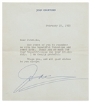 Joan Crawford Typed Letter Signed -- ''...Thank you so much for your thoughtfulness and your friendship. I am deeply grateful. Bless you...''