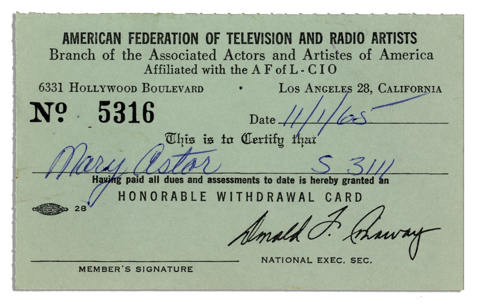 Mary Astors Union Card, Given to Her Upon Her Retirement in 1965 -- From The American Federation of Television and Radio Artists