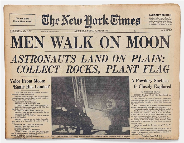 ''New York Times'' Newspaper From 21 July 1969 Reporting on the Apollo 11 Moon Landing -- Includes Special Supplement ''Man and the Moon''