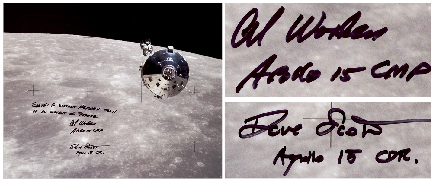 Al Worden & Dave Scott Signed 20'' x 16'' Photo of the Apollo 15 Command Module Against the Moon -- Worden Additionally Writes ''Earth: A distant memory seen in an instant of repose''